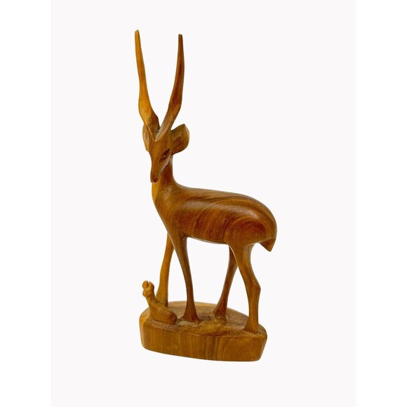 Vintage Hand-Carved Wooden Gazelle Figurine With Baby 8" Tall Antelope Sculpture - Picture 1 of 7